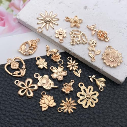 WOCRAFT 60pcs KC Gold Flowers Charms Bracelet Charms for Jewelry Making Sets DIY Necklace Bracelet Keychain Crafting Charms Kit Craft Supplies (SN878) - color: KC Gold, size: Flowers Charms