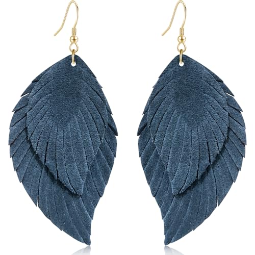 Genuine Leather Handmade Fringe Feather Lightweight Dangle Drop Earrings Teardrop Tassel Hook Earrings for Women - style: 5 Blue