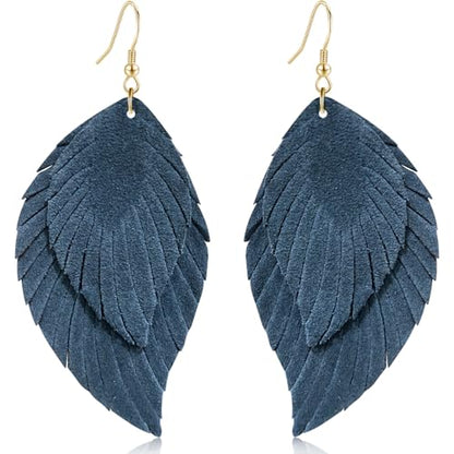 Genuine Leather Handmade Fringe Feather Lightweight Dangle Drop Earrings Teardrop Tassel Hook Earrings for Women - style: 5 Blue