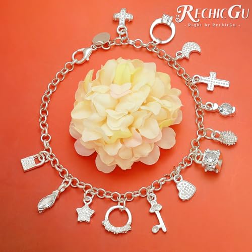 RechicGu Mythology Fairytale Lucky Charms Cuff Bangle Bracelet Cross Leaf Moon Face Celtic Cat - color: Polish Silvery Heart Cross