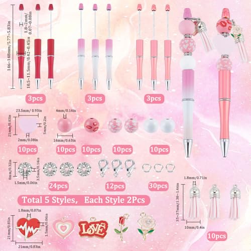 SUNNYCLUE DIY 9 Sets Beadable Pens with Beads 145Pcs Beadable Pens Kit Black Ink Ballpoint Pen Pink Wood Beads Pen Making Kits Valentine's Day Heart Love Hanging Charms Beaded Pens for Women School - color: 9 Sets, Pink