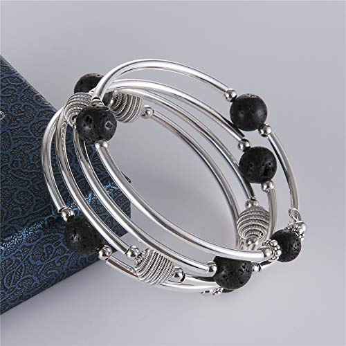 PEARL&CLUB Beaded Chakra Bangle Turquoise Bracelet - Fashion Jewelry Wrap Bracelet with Thick Silver Metal and Mala Beads, Birthday Gifts For Women - color: 63-Lava Black