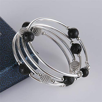 PEARL&CLUB Beaded Chakra Bangle Turquoise Bracelet - Fashion Jewelry Wrap Bracelet with Thick Silver Metal and Mala Beads, Birthday Gifts For Women - color: 63-Lava Black