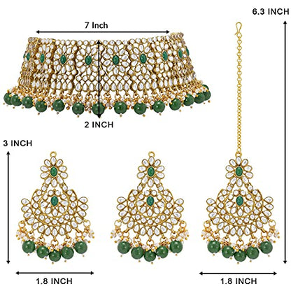 Aheli Faux Pearl Choker Necklace with Earrings Indian Traditional Bollywood Jewelry Set Gift for Women - color: Green