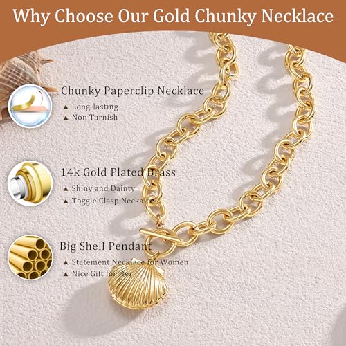 CHESKY 14K Gold Plated Chunky Necklace for Women, Trendy Toggle Clasp | Statement Pendant Necklace, Layered Paperclip Chain, Toggle Clasp Design, Thick Gold Chain, Non Tarnish Everyday Jewelry - color: gold, style: shell