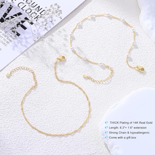 Ankle Bracelets for Women 14K Gold Sterling Silver Plated Anklets for Women Waterproof Dainty Anklets with Cubic Zirconia,Clover, Forever Love Knot, Chains Trendy Everyday Anklet Beach Summer Jewelry Gift - color: 2Pcs Chains-Gold