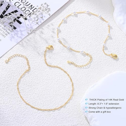 Ankle Bracelets for Women 14K Gold Sterling Silver Plated Anklets for Women Waterproof Dainty Anklets with Cubic Zirconia,Clover, Forever Love Knot, Chains Trendy Everyday Anklet Beach Summer Jewelry Gift - color: 2Pcs Chains-Gold