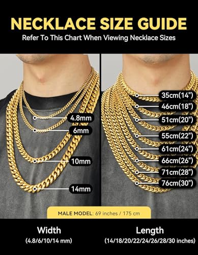 ChainsHouse Miami Cuban Link Chain Necklace for Men, Stainless Steel | 4.8/6/10/14mm Widths, Black/14K Gold Plated Finishes, Hip Hop Style, Daily Wear, Gift Box Included - color: Gold Plated