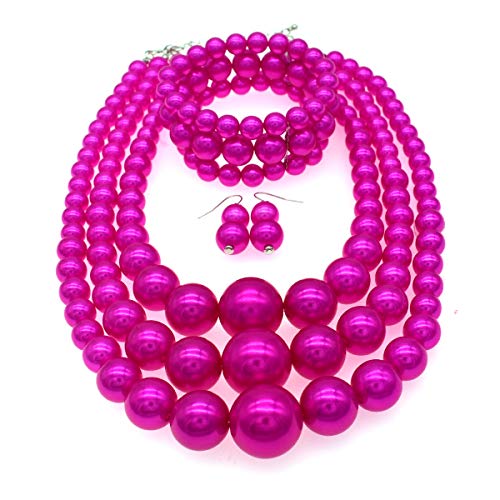 JNF Faux Pearl Statement Necklaces Big Beaded Necklace for Women Chunky Pearls Necklace and Earring Set Large beads Costume Necklace - color: Fuchsia pearl necklace