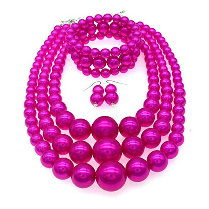JNF Faux Pearl Statement Necklaces Big Beaded Necklace for Women Chunky Pearls Necklace and Earring Set Large beads Costume Necklace - color: Fuchsia pearl necklace