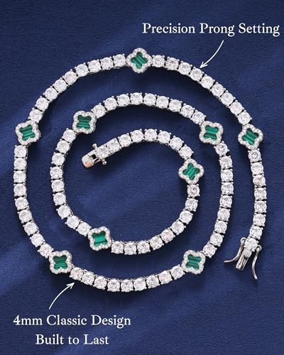 LuxeFlex 4mm Iced Out Four Leaf Tennis Chain,White Gold Plated with 5A Zircon Stones, exquisite Handmade Hip Hop Bling Necklace Perfect Unisex Jewelry Gift - color: White Gold-Green, size: 16 INCH