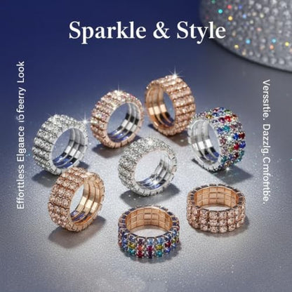 Sparkling Rhinestone Ring Set Trendy Elastic Rhinestone Crystal Stretch Ring Stackable Jewelry for Women Girls - color: 3 Colors (Colorful, Golden, Silver)-A