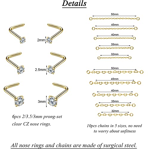 PunkTracker 20G Nose Rings 2mm 2.5mm 3mm CZ Nose Studs | with Chains Surgical Steel Nose Piercing Jewelry Nose Ring Studs - style: Gold, Nose Screw, B