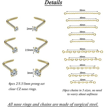 PunkTracker 20G Nose Rings 2mm 2.5mm 3mm CZ Nose Studs | with Chains Surgical Steel Nose Piercing Jewelry Nose Ring Studs - style: Gold, Nose Screw, B
