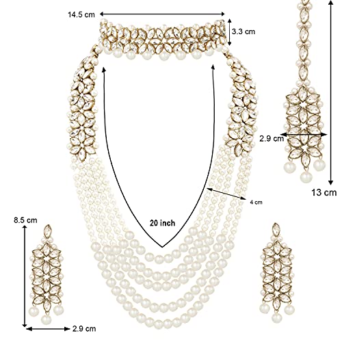 Aheli Wedding Party Wear Bridal Jewellery Choker Long Pearl Necklace Earrings Maang Tikka Indian Traditional Set Gift for Women - color: White