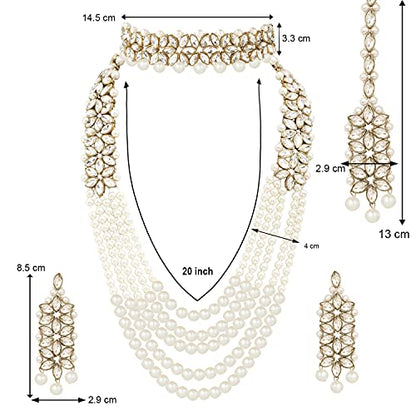 Aheli Wedding Party Wear Bridal Jewellery Choker Long Pearl Necklace Earrings Maang Tikka Indian Traditional Set Gift for Women - color: White