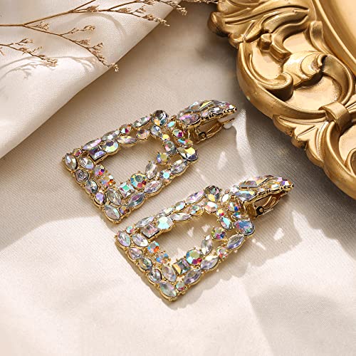 Flyonce Rectangle Clip-on Drop Earrings for Women, Sparkly Rhinestone Crystal Geometric Statement Non Pierced Earring Wedding Prom Party Jewelry for Brides Bridesmaid - color: Iridescent Clear AB Gold-Tone