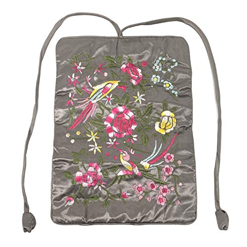 Travel Jewelry Roll Bag - Embroidered Brocade Pouch for Rings, Necklaces, Earrings, Bracelets | Lightweight & Tie Closure (Gray) - color: Gray