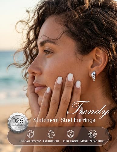 Chunky Gold Stud Earrings for Women Sterling Silver Earring Hypoallergenic | Non Tarnish 14K Gold Plated 925 Silver Posts for Sensitive Ears,Knot Statement Dangle Earrings Gold Jewelry Gifts Lightweight - color: silver plated-little conch