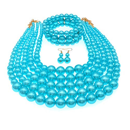 JNF Large Faux Pearl Necklaces for Women Multi strand Pearl Necklace Bracelet and Earrings Set 1920s Costume Pearls Necklace Jewelry Accessories - color: Light blue