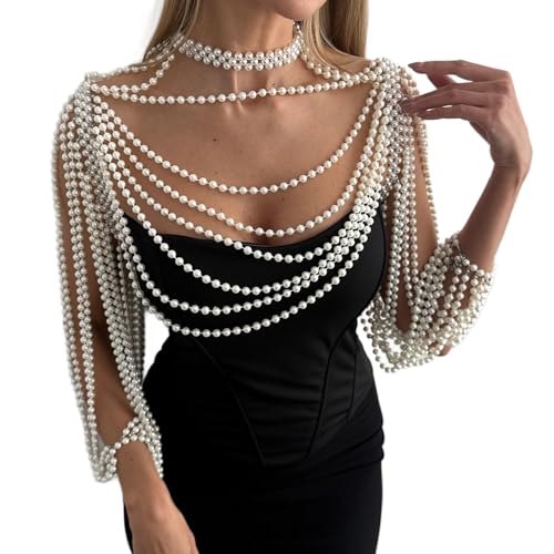 Multi-Layered Pearl Shoulder Body Chain for Women,White Pearl Fringe Shawl Necklace,Summer Beach Beaded Tassel Shoulder Jewelry for Wedding Prom Party Dresses