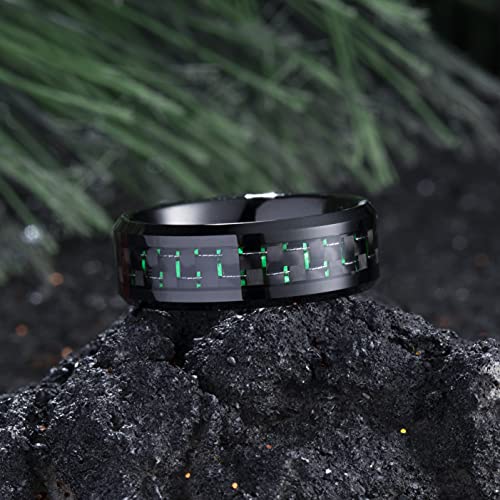 King Will 8mm Mens Tungsten Wedding Rings Carbon Fiber Plaid Inlaid Polished - color: Black-Green Fiber, size: 7