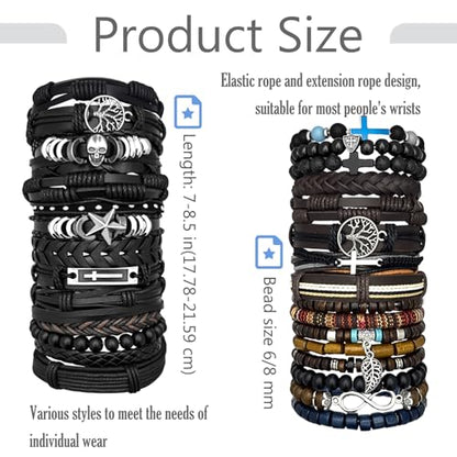 31Pcs Mens Braided Leather Bracelets Bulk Bracelets for Men | Punk Handmade Ethnic Tribal Bracelets Wristbands Adjustable Wood Beads Wristband Brown Gothic Cross Skull Skeleton Bracelet