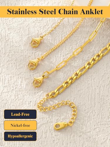 U7 2Pcs/3Pcs Ankle Bracelets for Women, Stainless Steel Cuban Link/Figaro/Rope/Heart Chain Anklets Sets,Waterproof Layered Anklets Adjustable 8.5"-10.5" - color: 05.4Pcs Style A-Gold