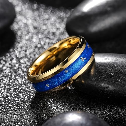 King Will Mens Galaxy Tungsten Wedding Band | 6mm/8mm, Beveled Edge, Comfort Fit, Durable, Sandstone Opal Inlay Polished, Everyday Wear - color: Blue&Gold