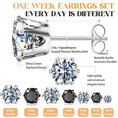Silver Gold Black Stud Earrings Set 7Pairs Hypoallergenic Cubic Zirconia Titanium Stainless Steel Silver Rose Gold Black CZ Cartilage Stud Earrings Jewelry Sets for Women Men, 2-8mm CZ Stud Earrings - color: 7 Pairs Shiny Silver Black Stud Earrings