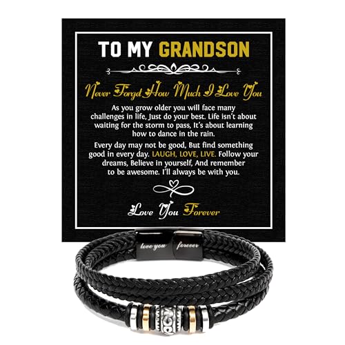 To Our Grandson Bracelet from Grandpa and Grandma - Love You Forever Engraved Leather Wristband with Inspirational Message Card - Sentimental Birthday Graduation Gift for Men, Teen - color: Version-11