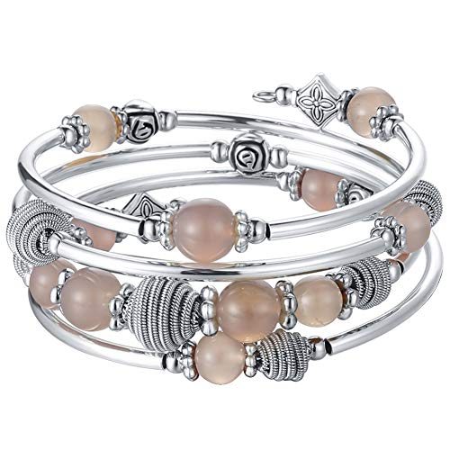 PEARL&CLUB Beaded Chakra Bangle Turquoise Bracelet - Fashion Jewelry Wrap Bracelet with Thick Silver Metal and Mala Beads, Birthday Gifts For Women - color: Agate grey