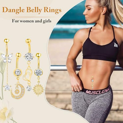 Lucomb Belly Rings for Women, 14G Belly Button Rings for Women Stainless Steel Dangle Belly Piercings Jewelry Rings with Hear Moon Butterfly Flowers - color: Gold