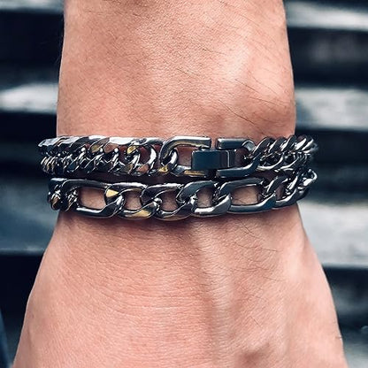 3PCS Figaro Necklace Bracelet Cuban Bracelet, Silver Gold Black Sturdy 316L Stainless Steel Cuban Link Figaro Chain for Men Jewelry Set with Gift Message Card 8mm, 7/8/9 Inches - color: Silver, size: Bracelet width:7 inches