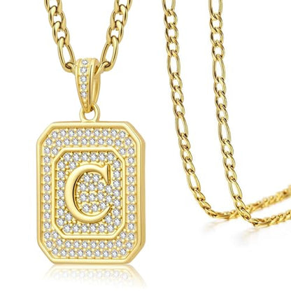 Initial Letter Pendant Necklace for Men Women, 14K/18K Gold A-Z | Square Monogram Pendant Jewelry Waterproof and colorfast with Figaro Chain, Gifts for Women Men - style: 14K Gold C