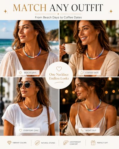 AMOREA Colorful Natural Gemstone Choker Necklace for Women, 5x8mm Genuine Stone Beads, Gold Accent Collarbone Necklace, Summer Vacation Jewelry - color: Sunset Candy