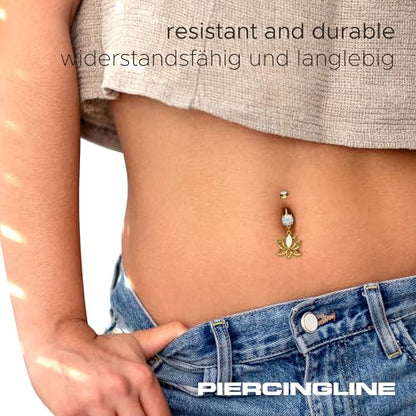 PIERCINGLINE Surgical steel belly button piercing dangle LOTUS BLOSSOM WITH SYNTHETIC OPAL 14 G belly button ring surgical steel belly piercing new version with improved durability - color: Gold-colored