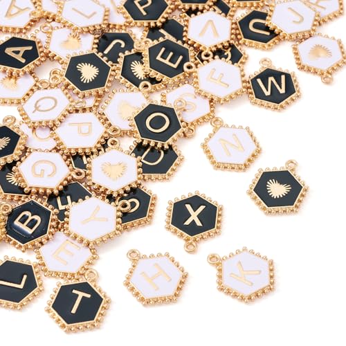 Cheriswelry Letter Alphabet Charm for Jewelry Making Initial Letter A-Z Pendants Flat Round Hexagon Alloy Enamel Charms for Necklace Bracelet Earring Jewelry Making DIY Craft - color: Black&White