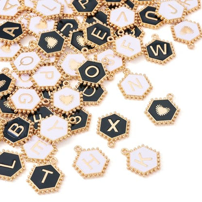 Cheriswelry Letter Alphabet Charm for Jewelry Making Initial Letter A-Z Pendants Flat Round Hexagon Alloy Enamel Charms for Necklace Bracelet Earring Jewelry Making DIY Craft - color: Black&White