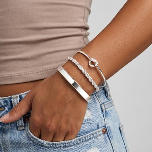 925 Sterling Silver Bracelets for Women Stack, Trendy Tennis Bangle Cuff Jewelry Set 14K Gold Plated, Adjustable Bracelet Set for Wrist Essentials, Women Fashion Watch Band Acecessories - style: Bracelet_3pcs(Silver Bangle Set)