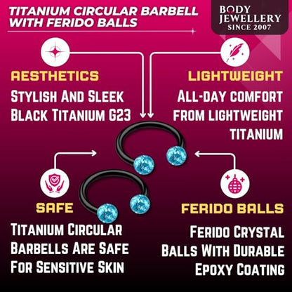 2pcs 16g Circular Barbell Black Titanium G23 Ear Helix Lip Eyebrow Tragus Nose Snake Septum Cartilage Bite Ring B2ICT - color: Aquamarine