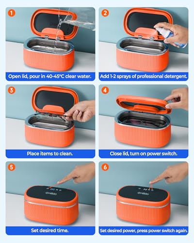 35W Ultrasonic Jewelry Cleaner, 45KHz Retainer Cleaner for Jewelry, 5 Timer & 3 Power Modes, Eyeglasses, Rings, Watch Strap, Dentures - 20oz, 304 Stainless Steel Tank, Quiet <38dB (Orange) - color: Orange