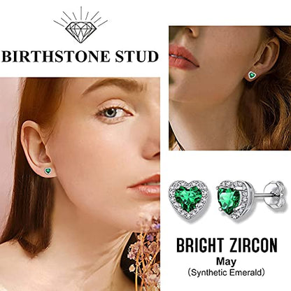 Bestyle Sparkling 925 Sterling Silver Birthstone Stud Earrings for Women, Heart/Round/Teardrop/Square Solitaire Diamond Studs Earrings, Great Birthday/Christmas Gifts - style: 05.Green Emerald-May-heart