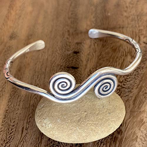 Sterling Silver Boho Cuff Bracelet with Spirals and Symbolic Engravings, Adjustable Handmade Engraved Ethnic Tribal Rounded, for Women (M-L) or Men (S-M)