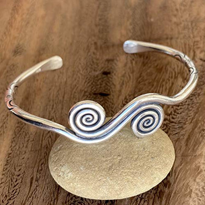 Sterling Silver Boho Cuff Bracelet with Spirals and Symbolic Engravings, Adjustable Handmade Engraved Ethnic Tribal Rounded, for Women (M-L) or Men (S-M)