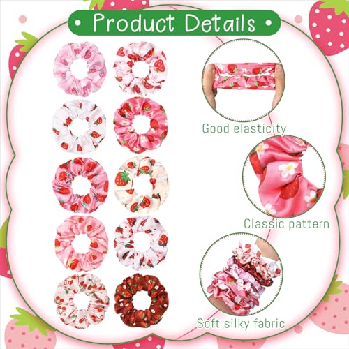 80 Pcs Summer Strawberry Satin Hair Scrunchies for Women Fruit Party Favors Silk Hair Ties Elastic Bands Ropes Ponytail Holders Ties Accessories Summer Wedding Party - style: Strawberries