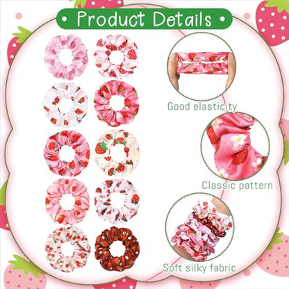 80 Pcs Summer Strawberry Satin Hair Scrunchies for Women Fruit Party Favors Silk Hair Ties Elastic Bands Ropes Ponytail Holders Ties Accessories Summer Wedding Party - style: Strawberries