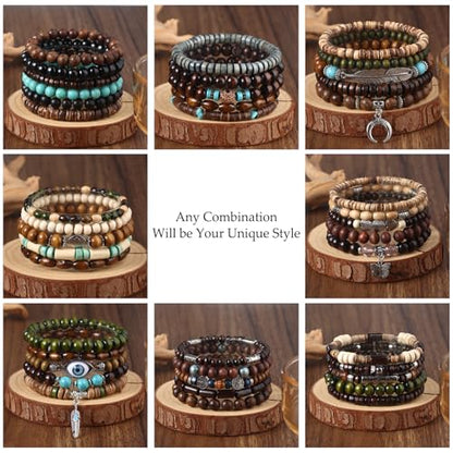 Giovanchi 41/44 PCS Wooden Beaded Bracelets for Men Larger Size Adjustable Punk Braided Wooden Bracelet Bulk Wood Bangles Wristbands Meaningful Jewelry Gift - style: Style B:41 PCS