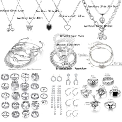 17IF 53 PCS(8 PACK) Silver Plated Jewelry Set for Women，4 Styles | with 6 Necklace 11 Ankle Bracelet 30 Kunckle Ring 6 Pair Earring Hoop Vintage Boho Pearl Birthday Travel Holiday - style: Vintage