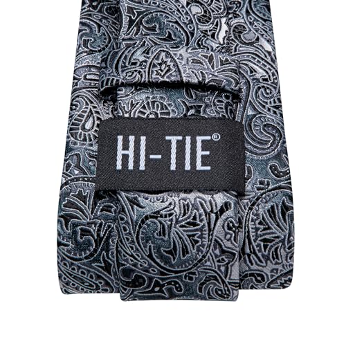 Hi-Tie Men 63inches Tie Set Extra Long Necktie Paisley Tie Pocket Suqare Cufflinks Big and Tall Men Tie - color: Black Grey